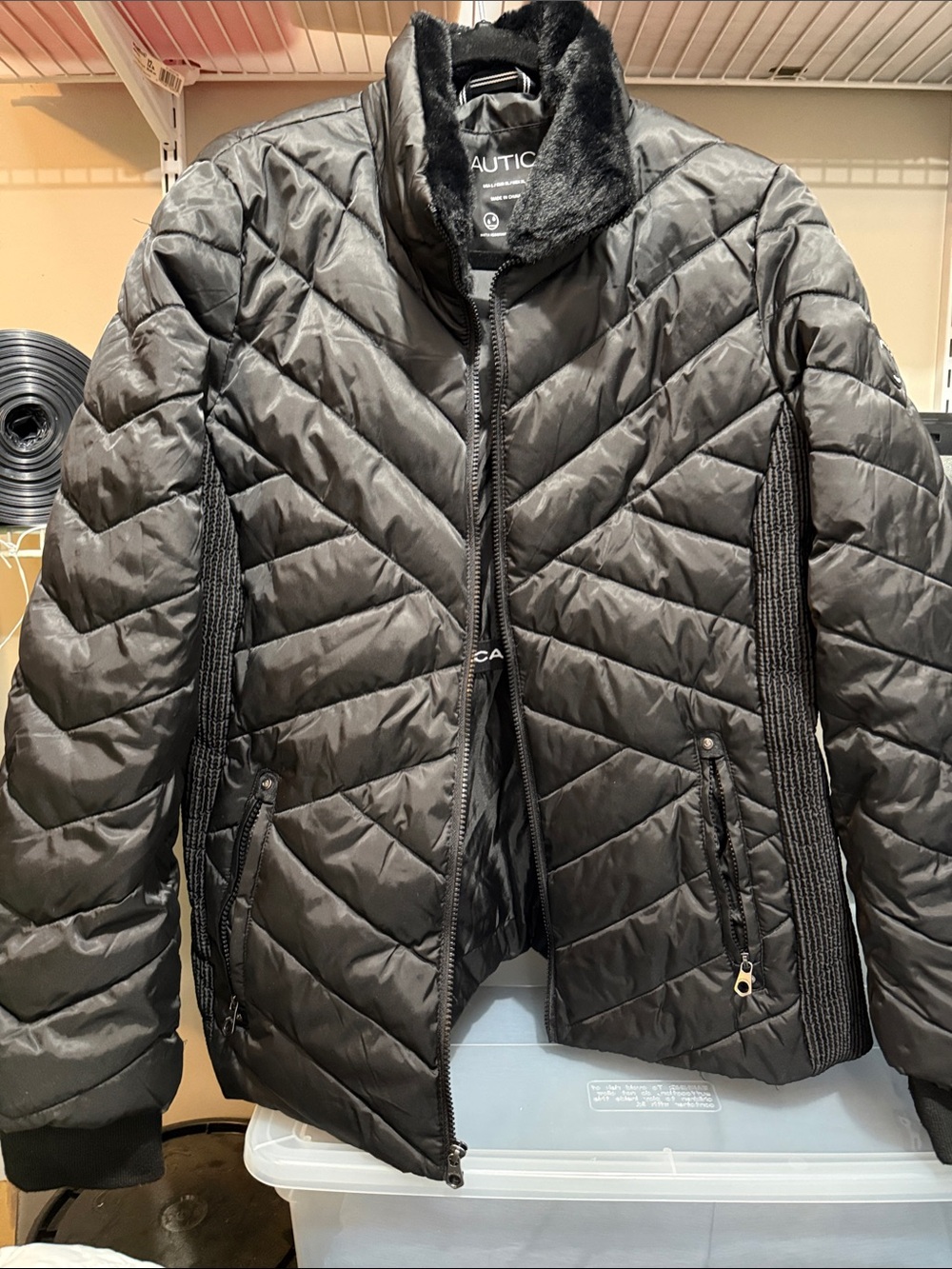 Nautica Women's Black Quilted Chevron Puffer Jacket with Faux Fur Collar